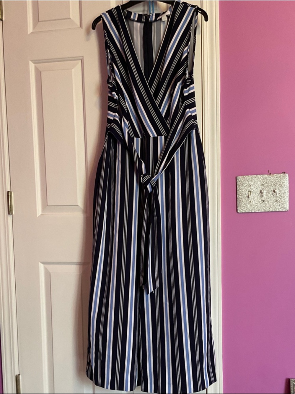 New York & Company Navy, White & Light Blue Striped V-Neck Jumpsuit